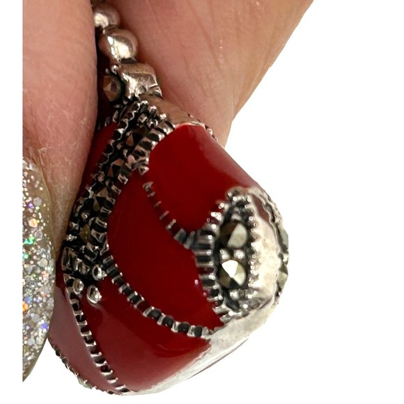 Women’s Pendant Red Enamel Purse Sterling Silver 925 Vintage Marcasite Stones - Picture 8 of 15